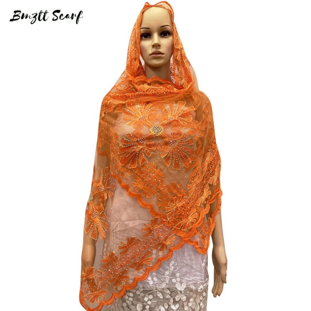 New African Women's Headscarf Muslim Scarf Soft Tulle Embroidered Scarf Shawl 200*50CM Soft Wrap Head Scarf BF-163