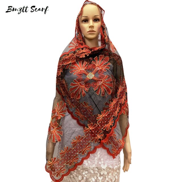 New African Women's Headscarf Muslim Scarf Soft Tulle Embroidered Scarf Shawl 200*50CM Soft Wrap Head Scarf BF-163